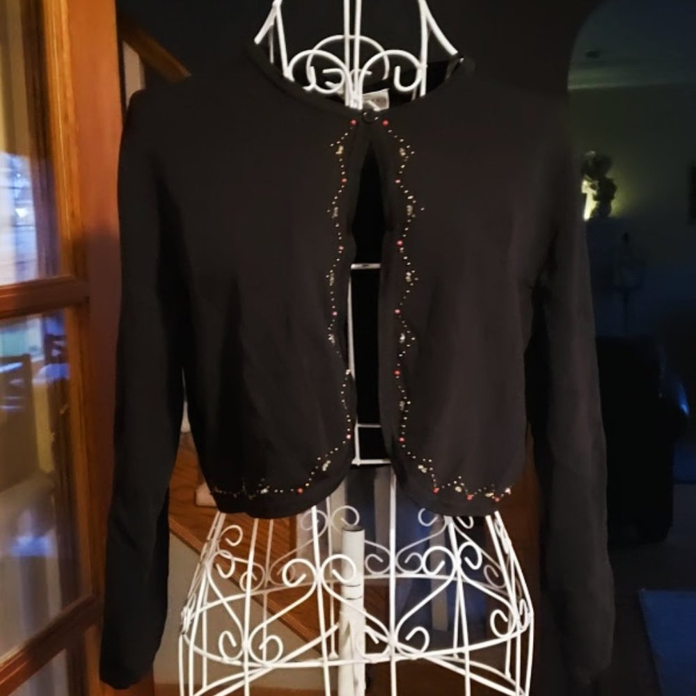 Studio I sz 12 beaded / embellished black open front waist cardigan